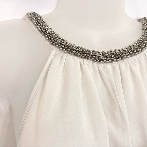 White Dressy Tank With Silver Beaded Neckline - Picture 3 of 6